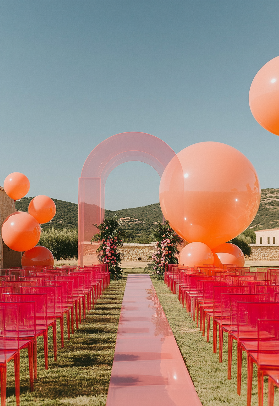 Beautiful wedding ceremony with pink balloons and maroon decor