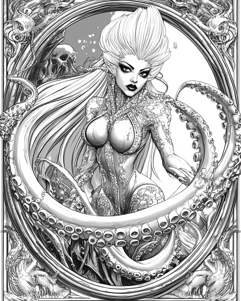 Beautiful white Sea Witch, half Octopus, underwater cave, strong.