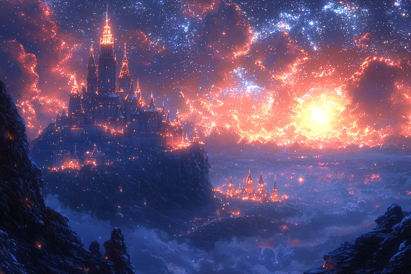 Beautiful white castle in sparkly night sky, hand-drawn anime.