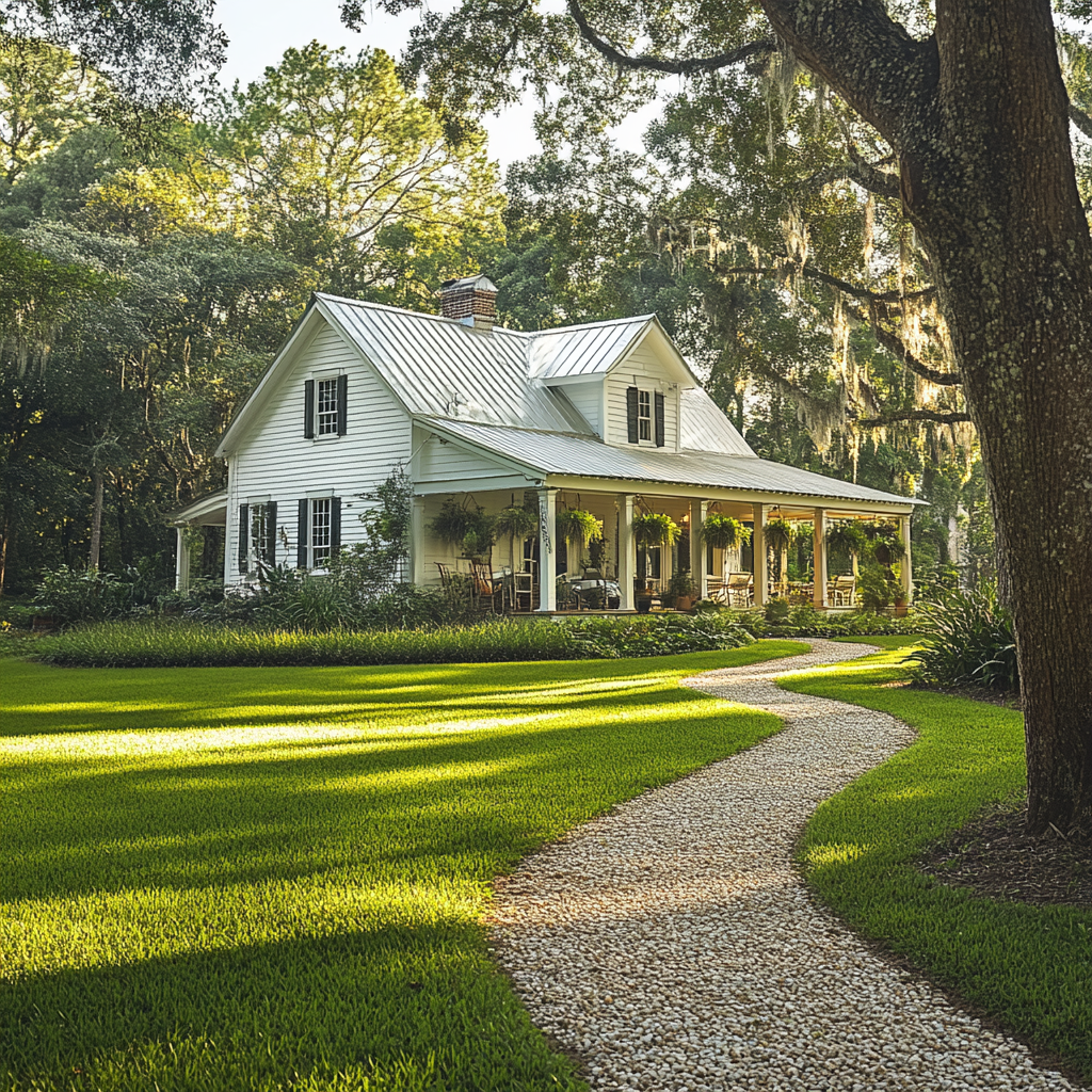 Beautiful white farmhouse in serene rural setting, surrounded by trees.