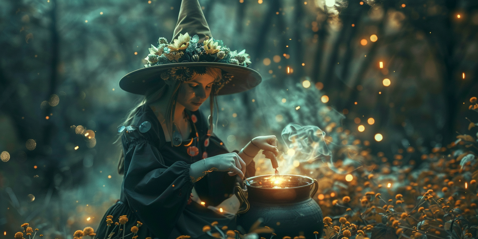 Beautiful witch making magic potion in forest at night.