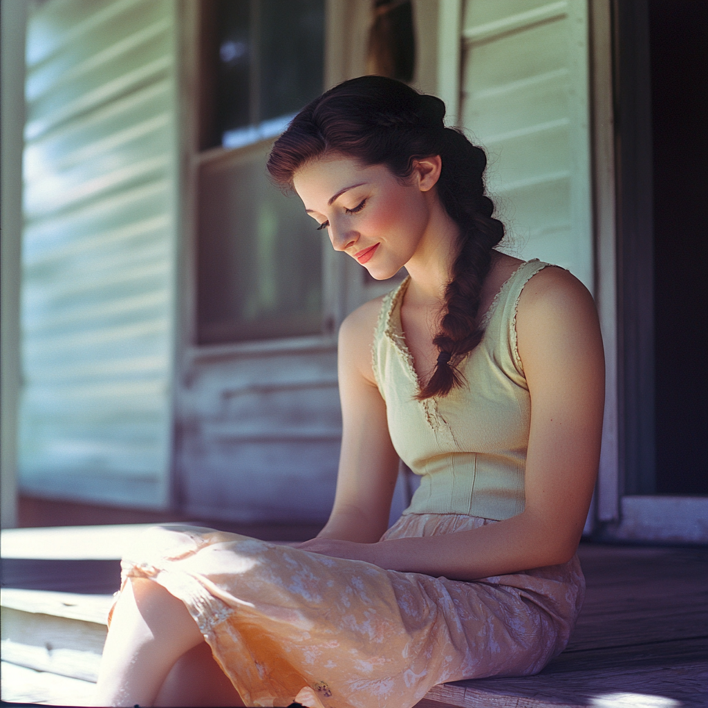 Beautiful woman in Kentucky smiling on porch steps.