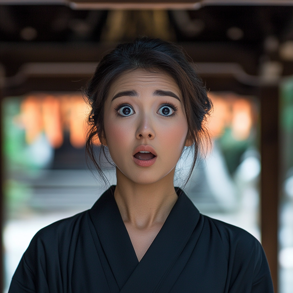 Beautiful woman in black kimono looking shocked at camera.