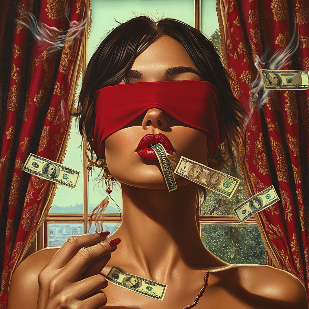 Beautiful woman in blindfold smoking cannabis with money flying out window