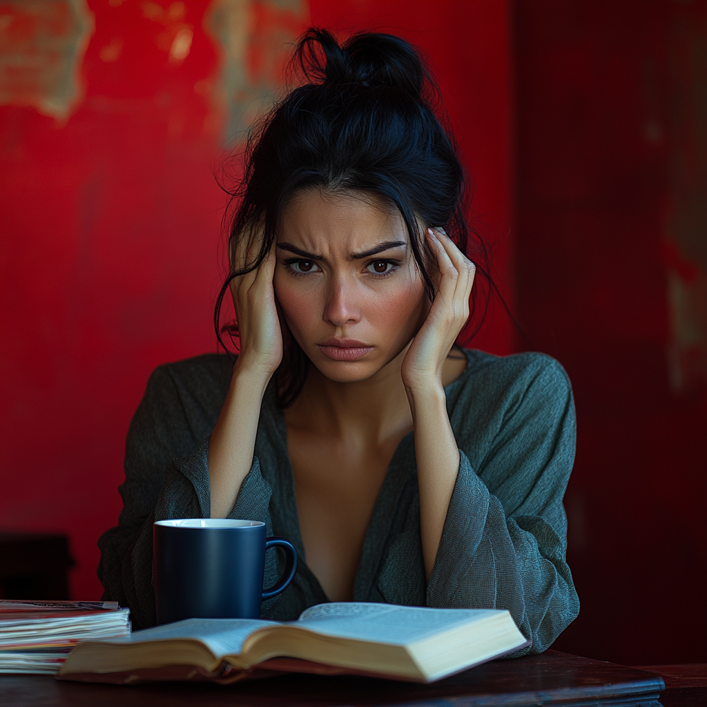 Beautiful woman in despair at desk with open book.