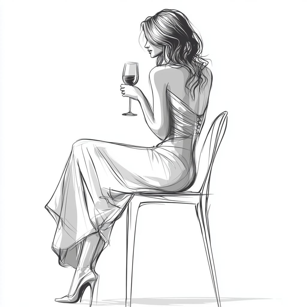 Beautiful woman in dress chats with self, holds wine.