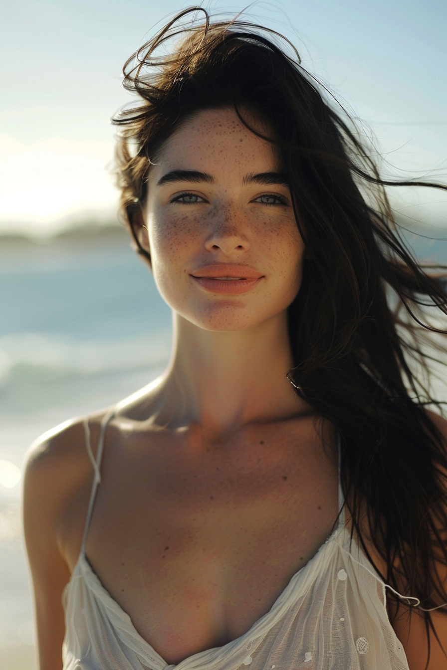 Beautiful woman in white dress on sunny beach