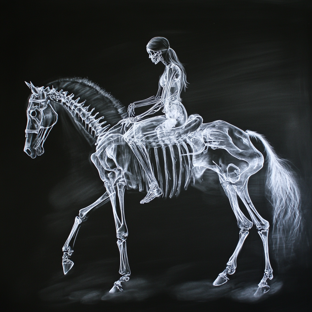 Beautiful woman on glowing horse skeleton