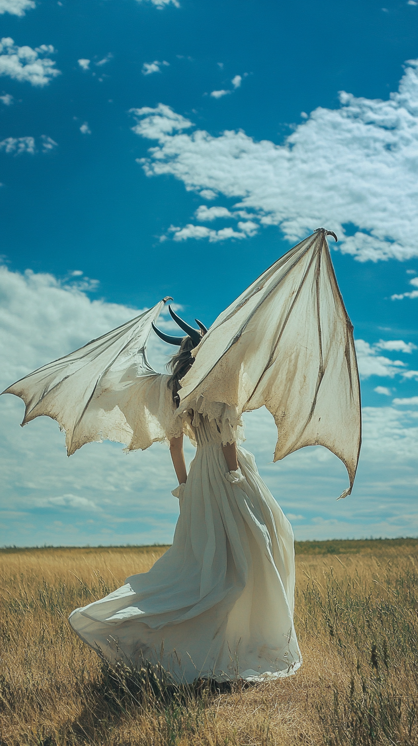 Beautiful woman with bat wings and horn stands in field.