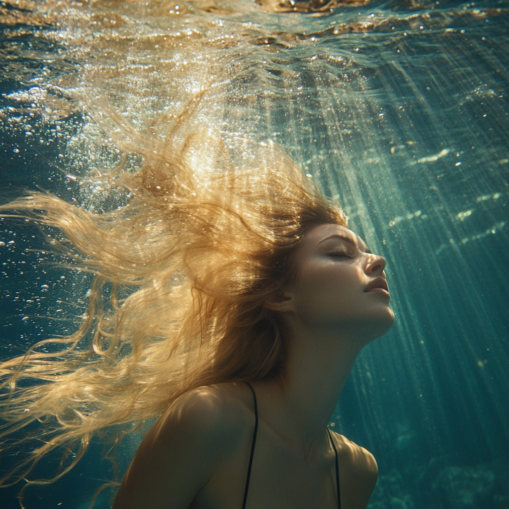 Beautiful woman with blond hair underwater in sunlight shafts.