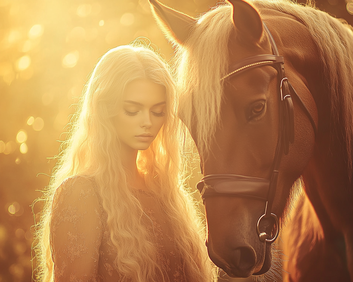 Beautiful woman with blonde hair and brown horse photo.