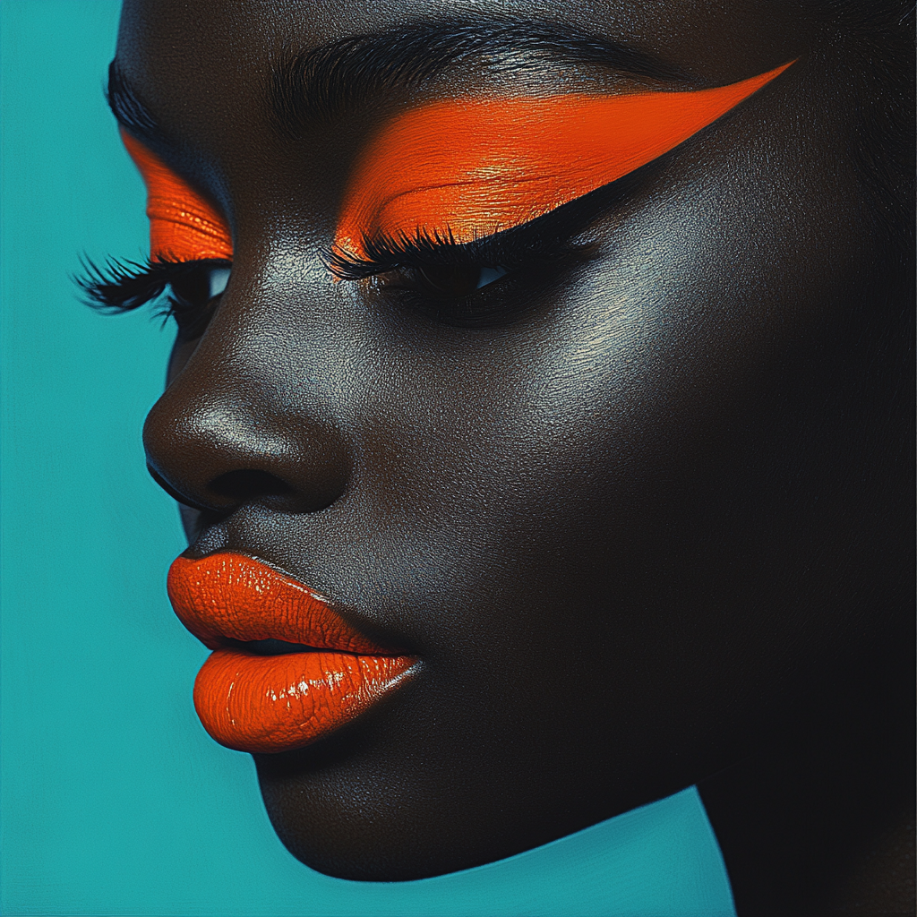 Beautiful woman with bold orange makeup in profile.