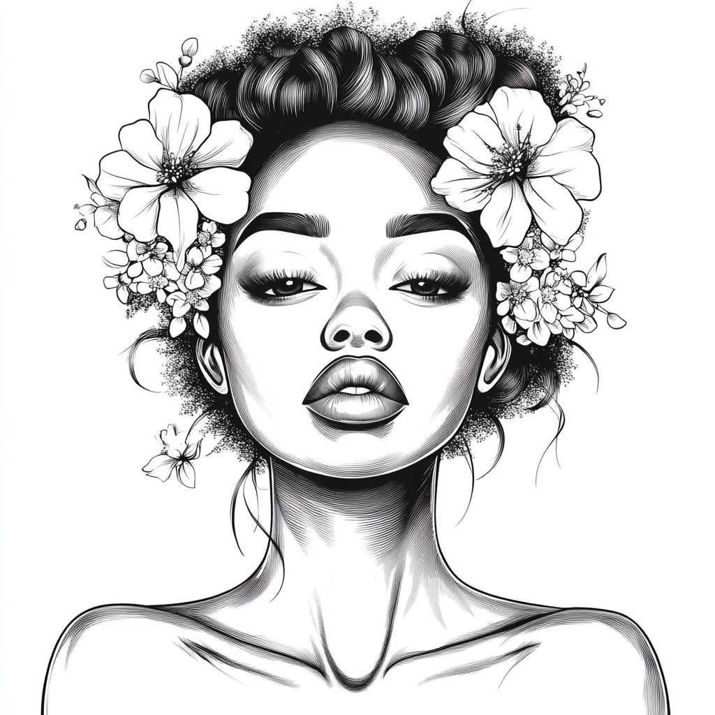 Beautiful woman with flowers in hair, black and white.