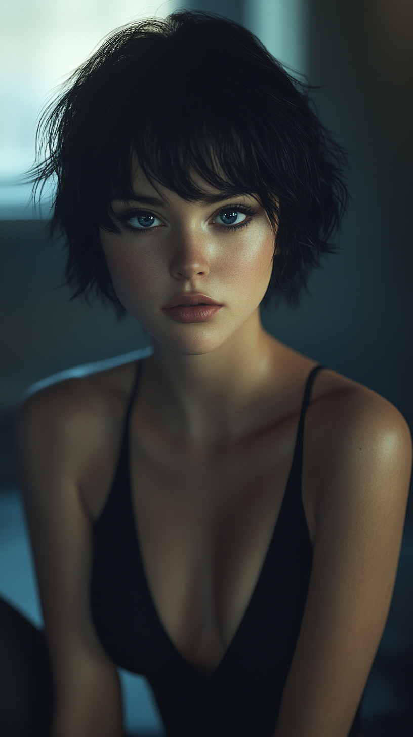 Beautiful woman with short black hair and blue eyes.