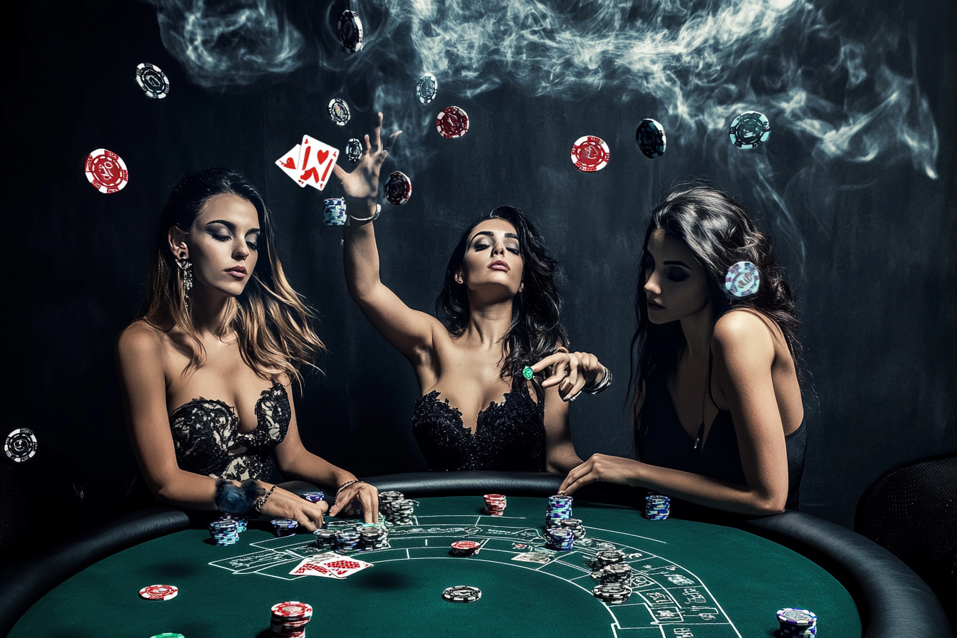 Beautiful women posed around a poker table. Holly Randall style, true photography, intricate, cinematic.