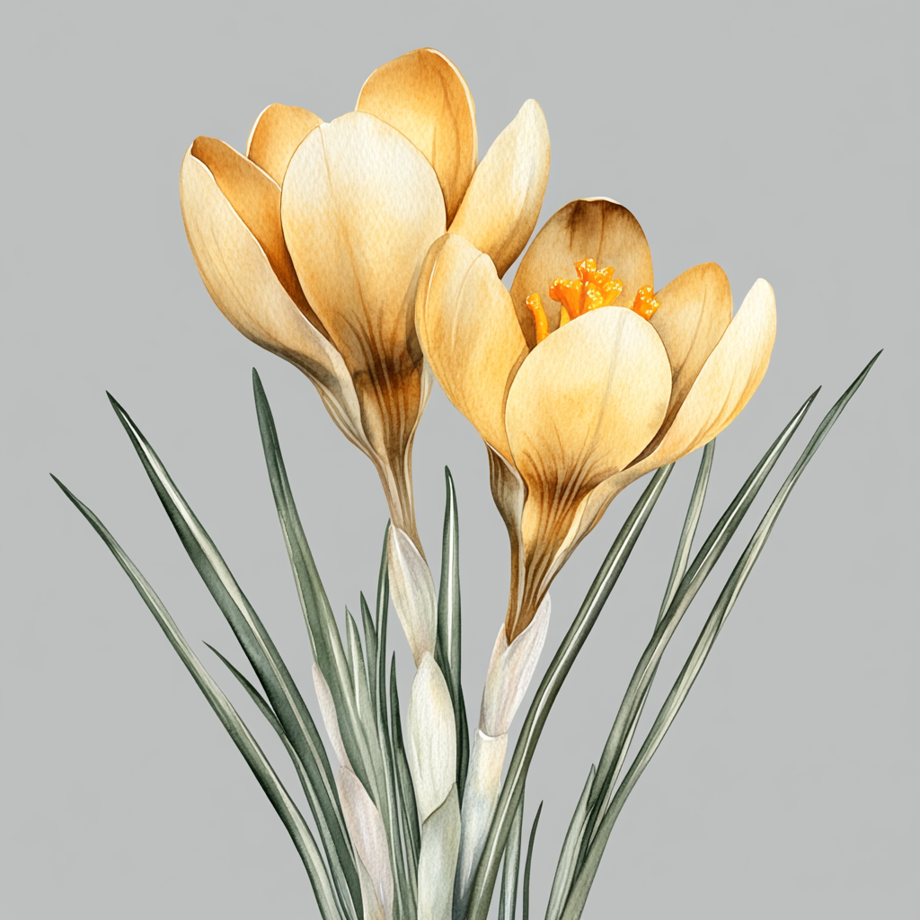 Beautiful yellow crocus flowers in detailed watercolor