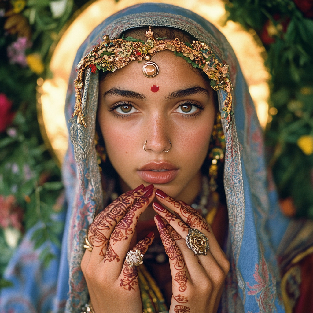 Beautiful young Mary in tribal dress with jewelry