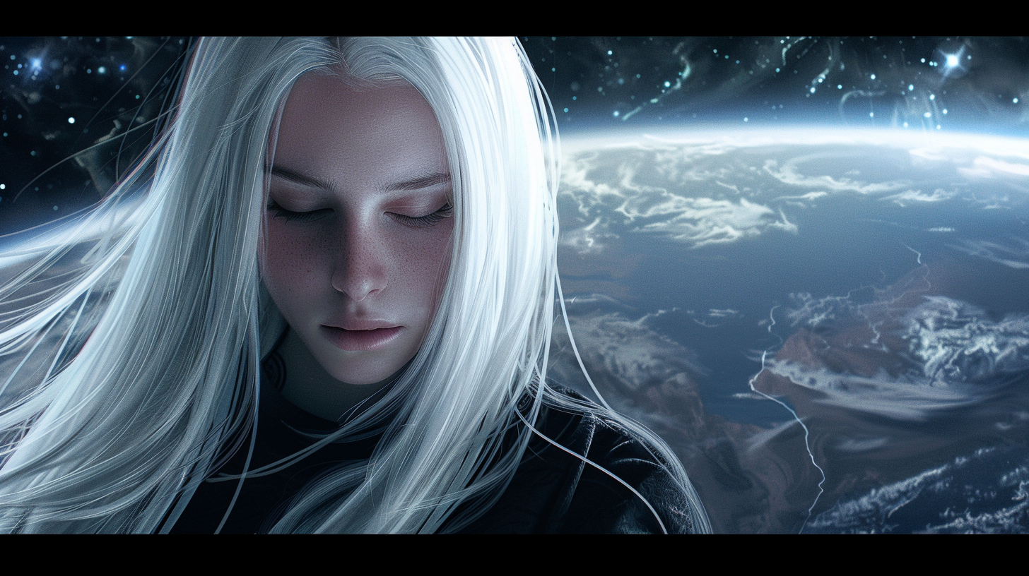 Beautiful young woman with long white hair in space.