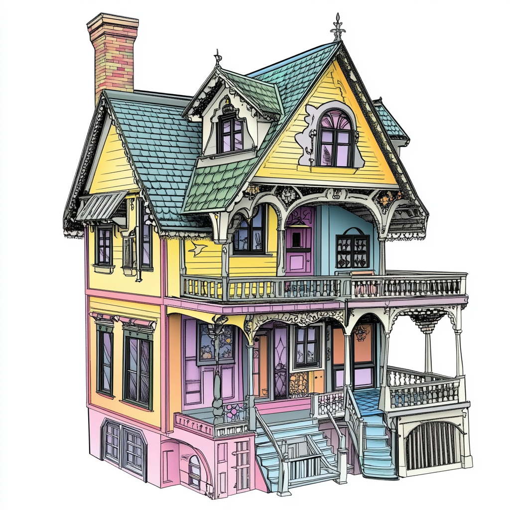 Beautifully colored dollhouse filled with vibrant harmonious colors.