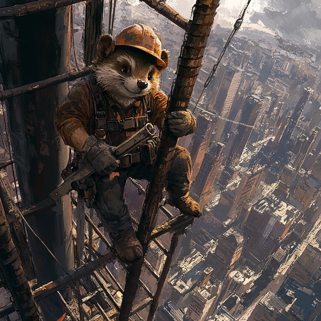 Beaver construction worker atop tall city scaffolding