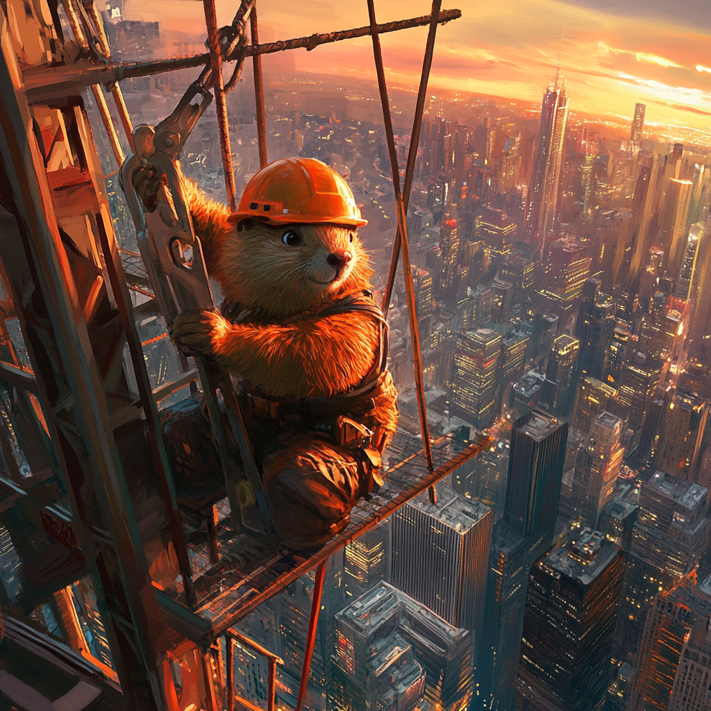 Beaver construction worker high above city with wrench