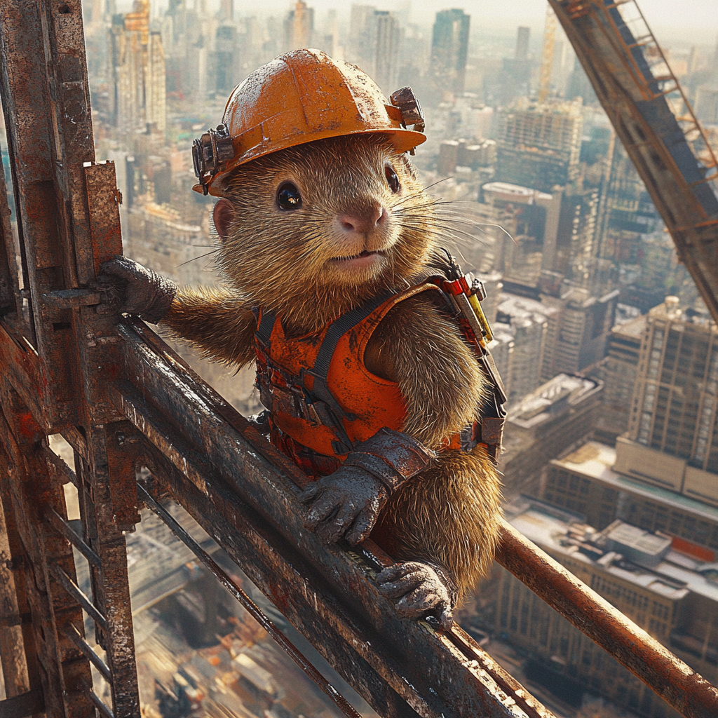 Beaver construction worker on city's tall scaffolding