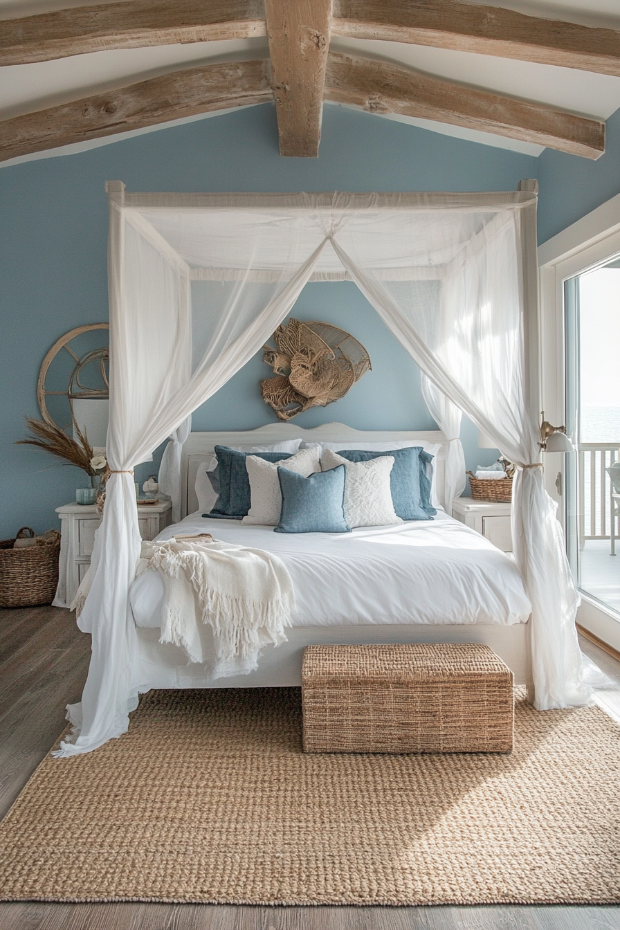 Bedroom with Mediterranean coastal chic decor, serene and inviting.