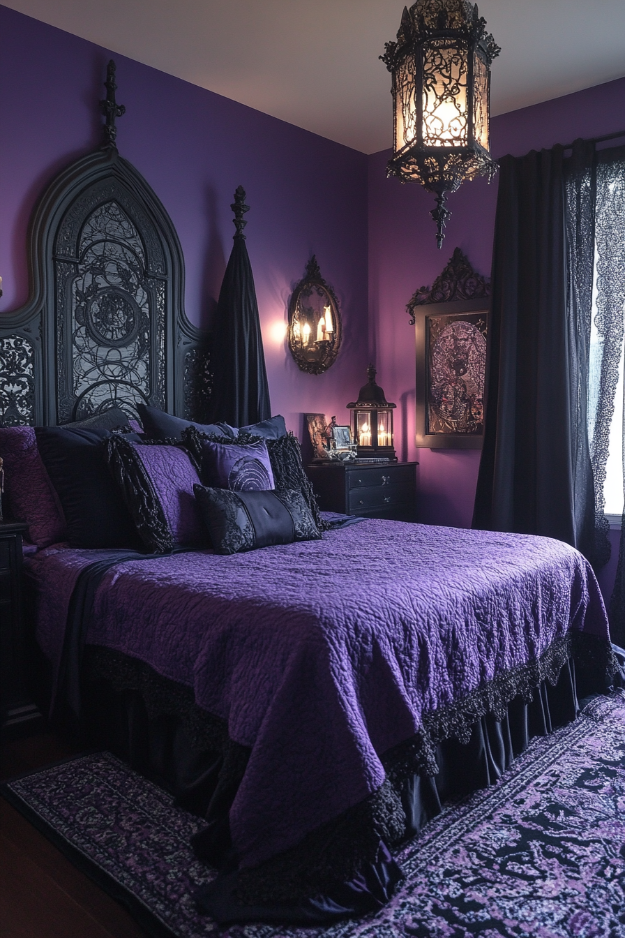 Bedroom with deep purples, gothic arch bed, crystal balls.