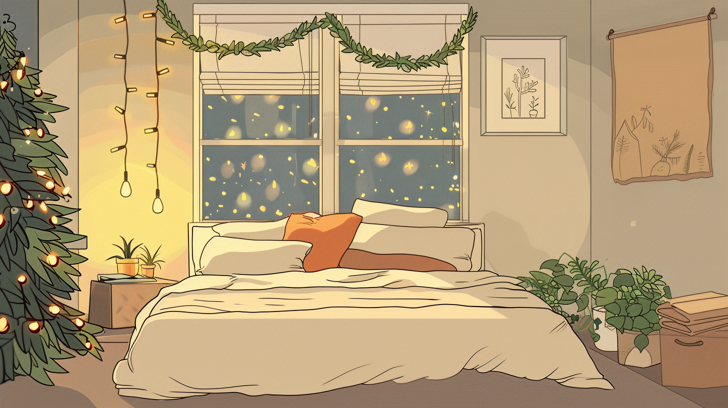 Bedroom with minimal cartoon style and Christmas decorations.