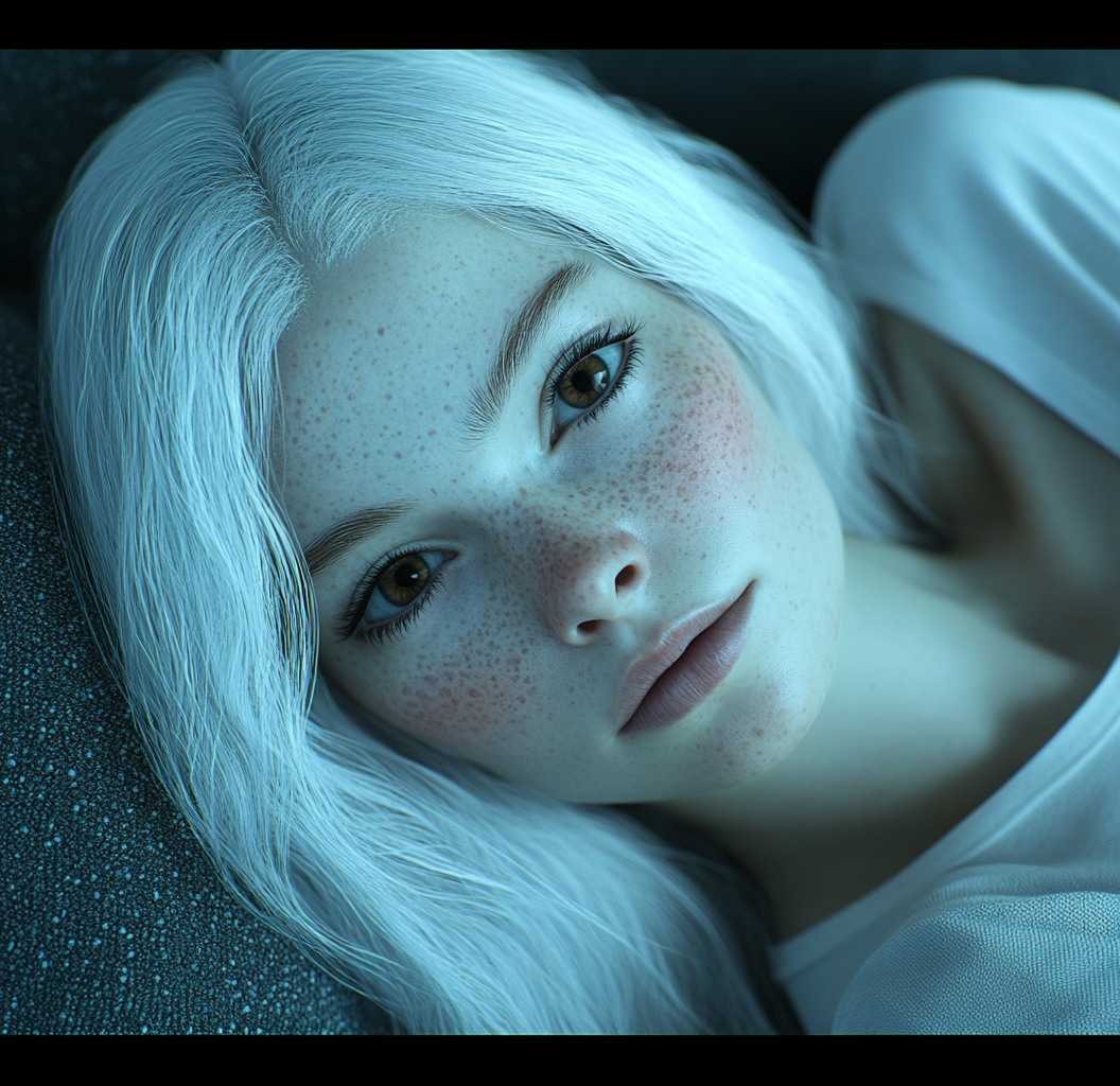 Bedtime Portrait of Blue Alien with White Hair