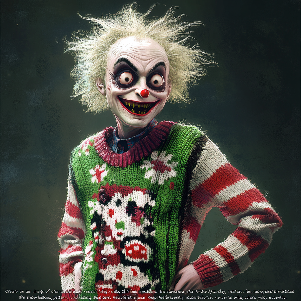 Beetlejuice in colorful Christmas sweater, mischievous expression