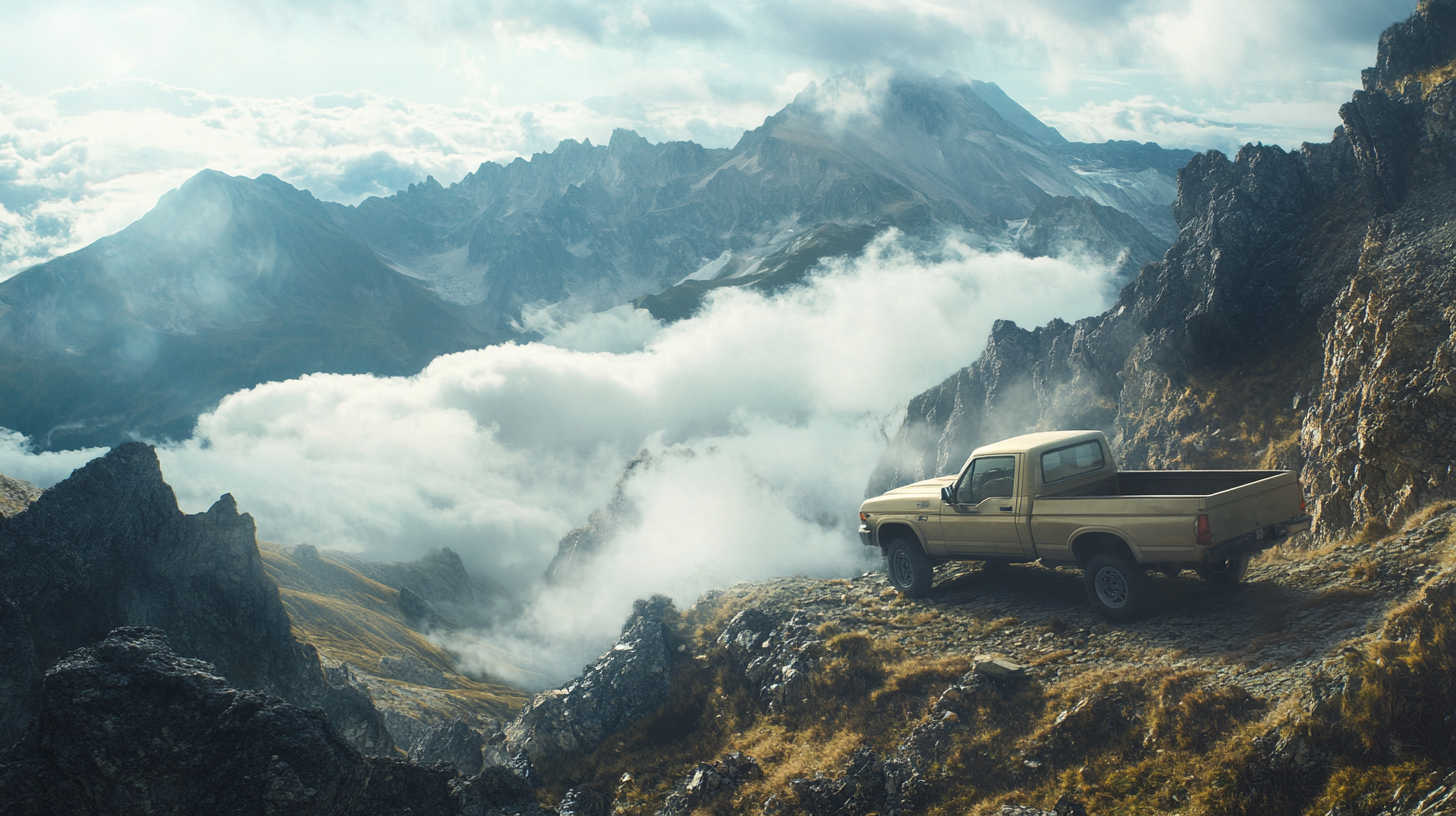 Beige Ford Truck Climbs Steep Mountain Road