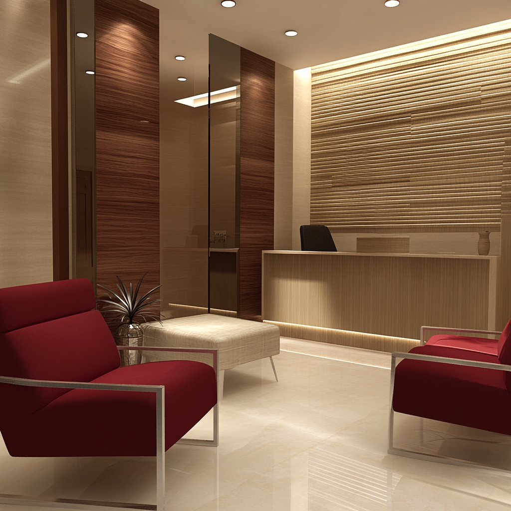 Beige Greyish Clinic with Dark Red Accents and Wood