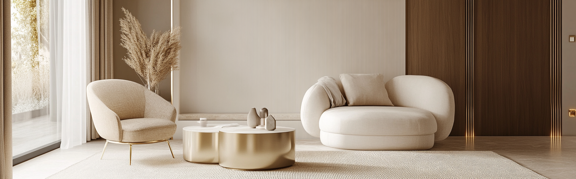 Beige armchair with white and gold interior, luxurious look.