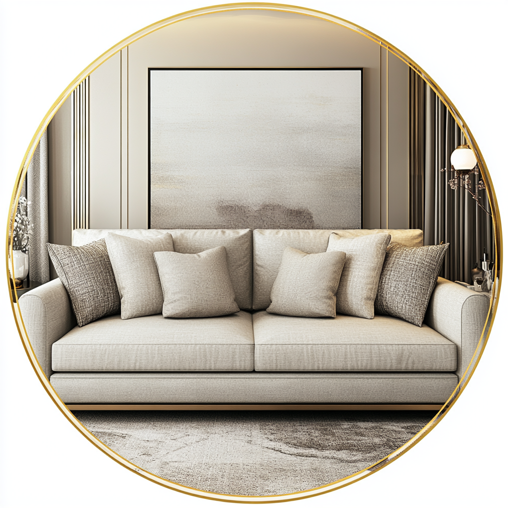 Beige sofa in modern bedroom with circular frame.