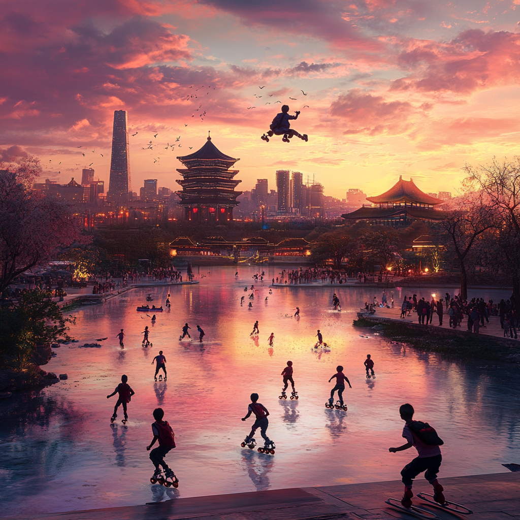 Beijing 7000s Future City: 3D Rendering, People, Skating Children