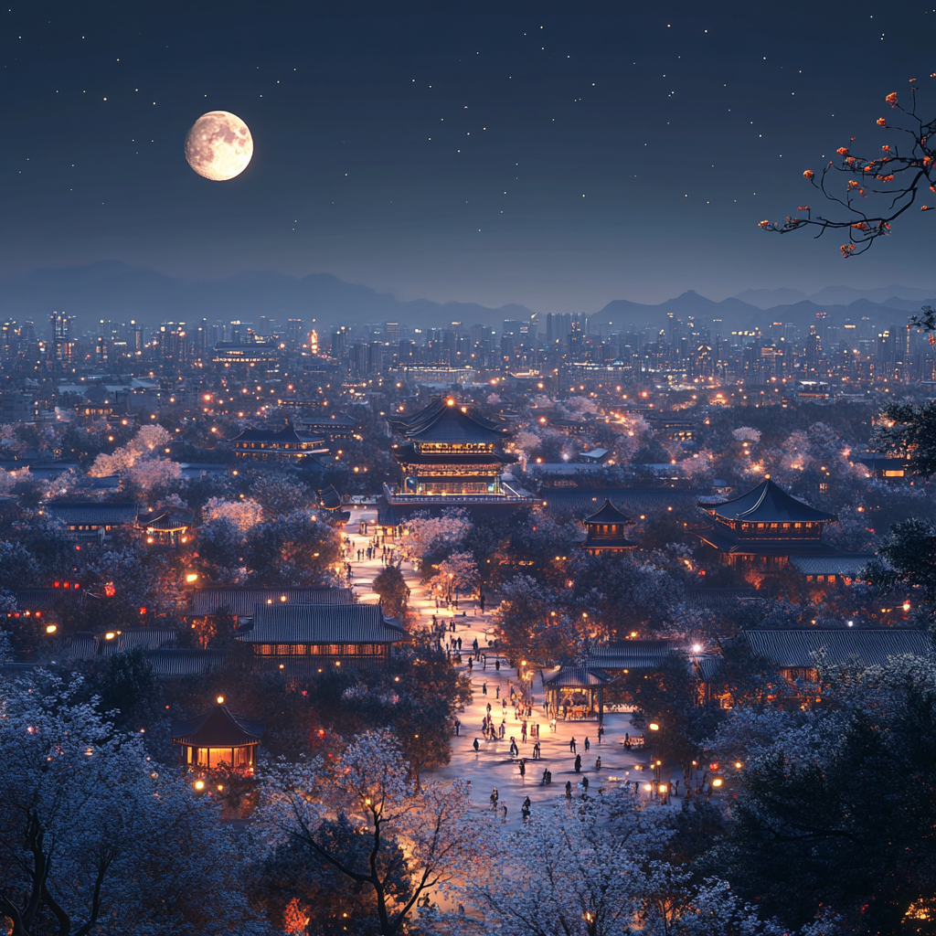 Beijing City View 3D Render with City Lights, Trees, Chinese People, Night Sky