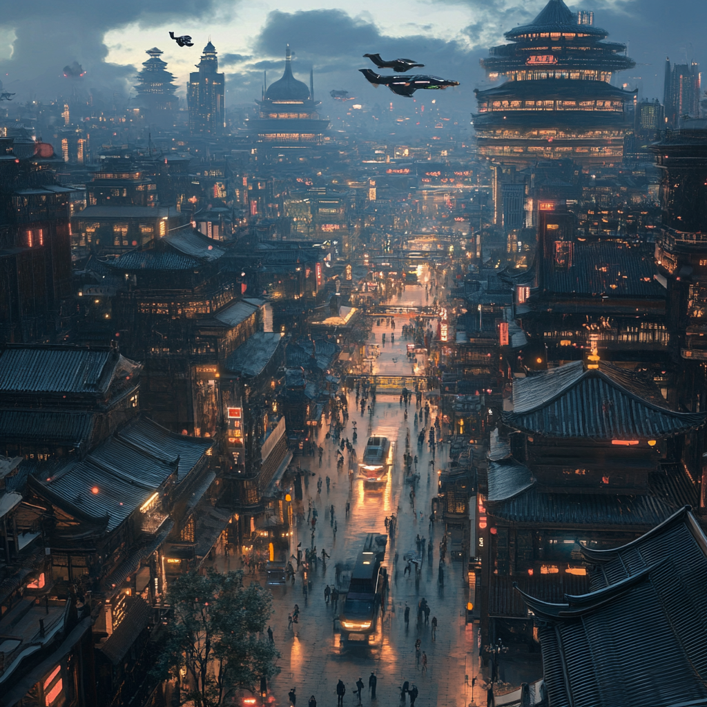 Beijing City in 7000s: Futuristic 3D Rendering with Flying People and Cars