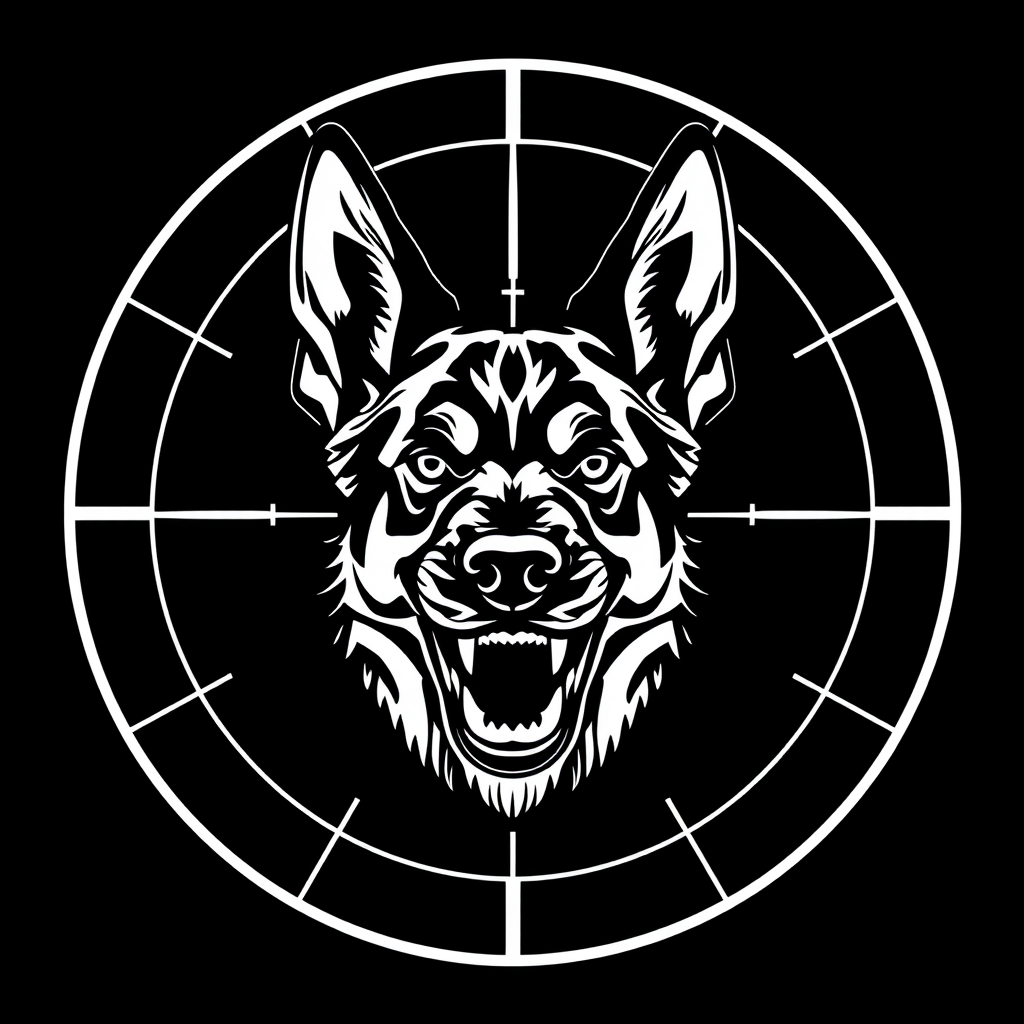 Belgian Malinois Head in Crosshairs, Black and White Logo
