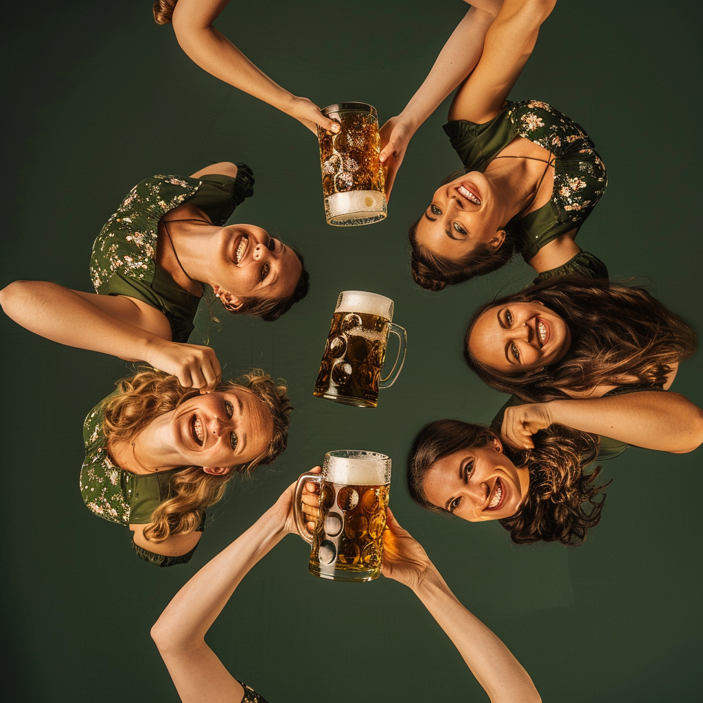 Below angle, five women in green dirndls Oktoberfest