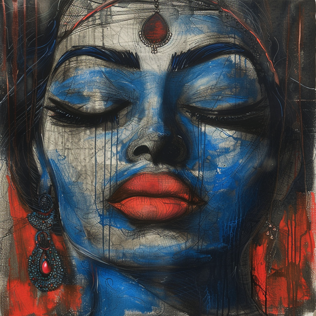 Bengali woman as blue skinned Goddess Kali sketch.