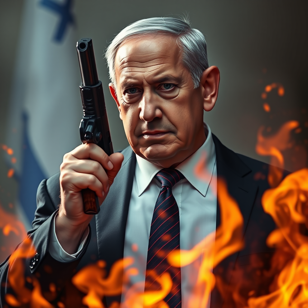 Benjamin Netanyahu holding gun near fiery background.