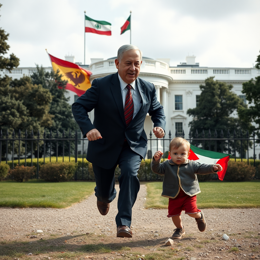 Benjamin Netanyahu runs to White House amid flags.