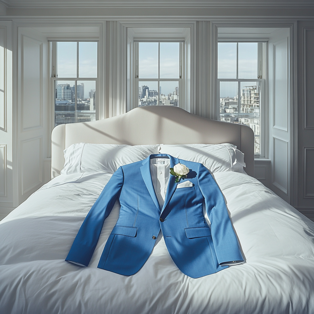 Bespoke bright blue men's suit on king size bed.