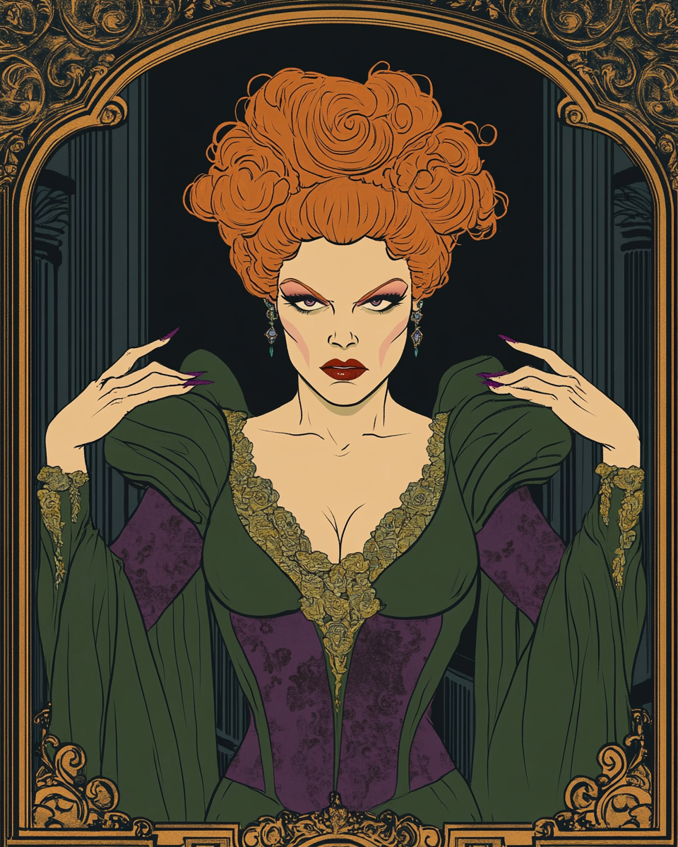 Bette Midler lookalike in Rococo style, spooky mansion.