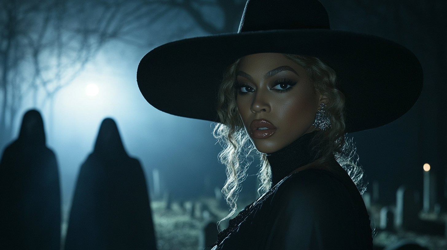 Beyoncé in hat and black outfit, snake eyes