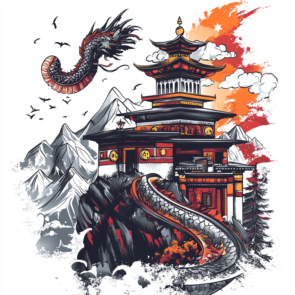 Bhutan T-Shirt Logo with Lucky Symbols and Dragon