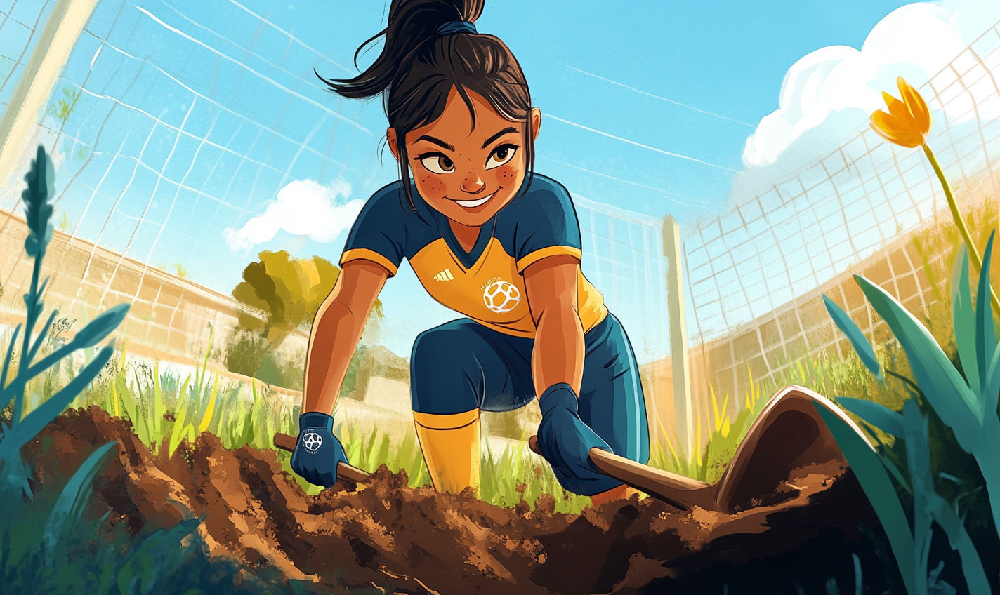 Bi-Racial Girl Guarding Soccer Goal Cartoon Art