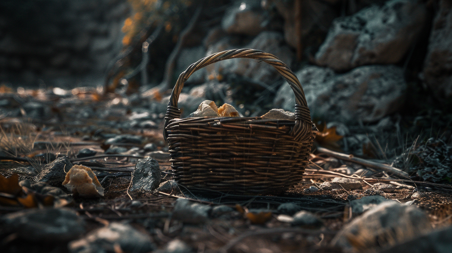 Biblical basket with fish and bread under cinematic lighting.