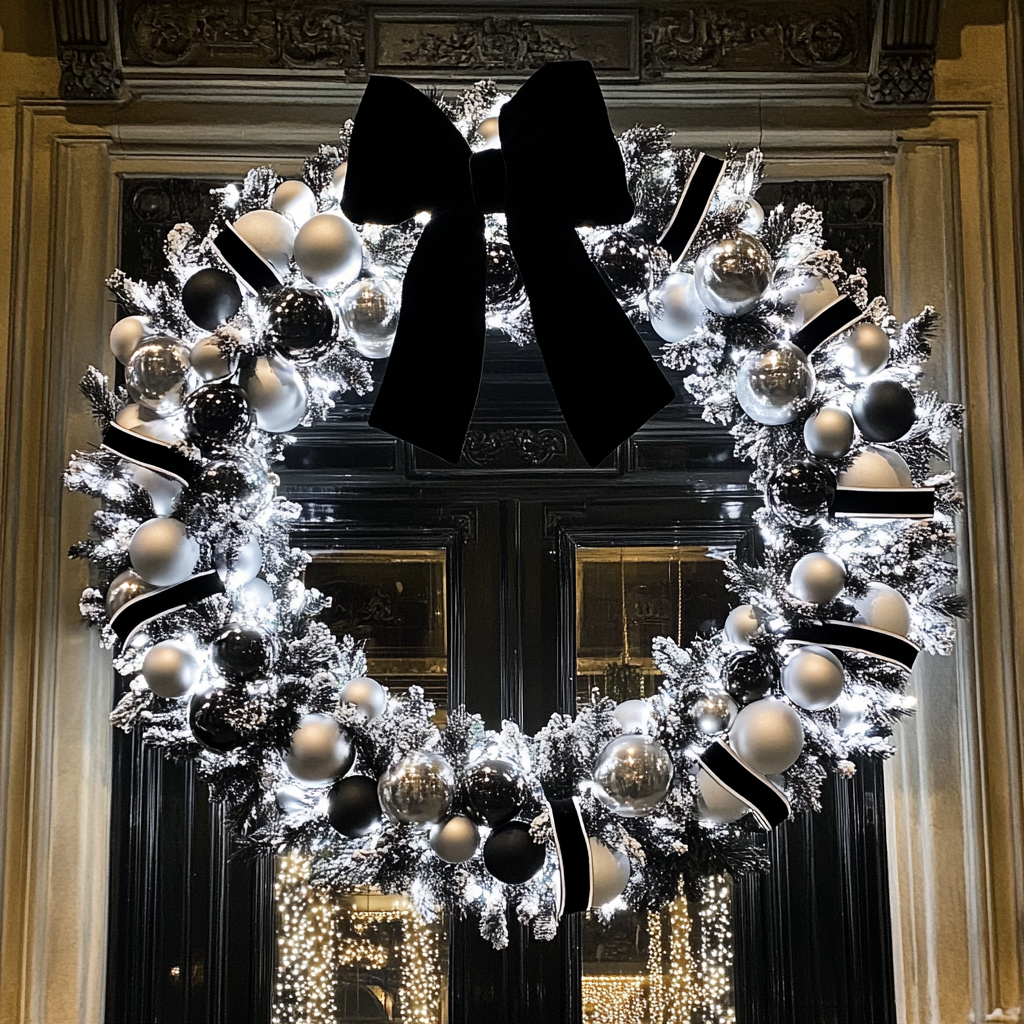 Big Christmas wreath with black and white decorations